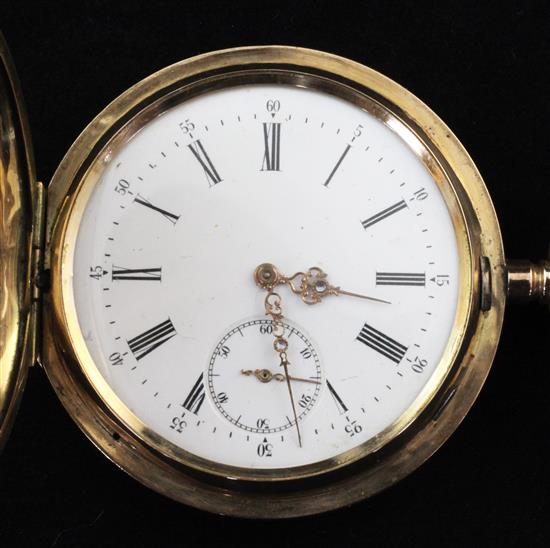 A late 19th/early 20th century continental 14ct gold hunter keyless lever pocket watch,